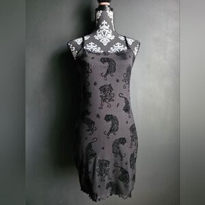 H&M Divided Black Sheer Mesh Overlay Velvet Textured Tiger Women's Slip Dress M
